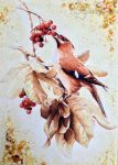 Янтарная картина "Птица на ветке с ягодами"