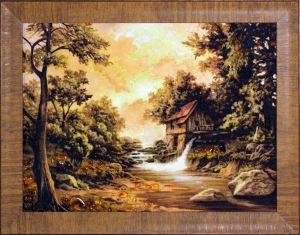 Картина из янтаря "Домик на берегу реки"