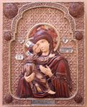 Икона резная из дерева и янтаря Владимирская Божья Матерь