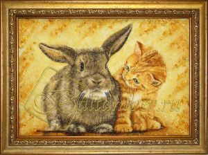 Янтарная картина «Кролик и кот»